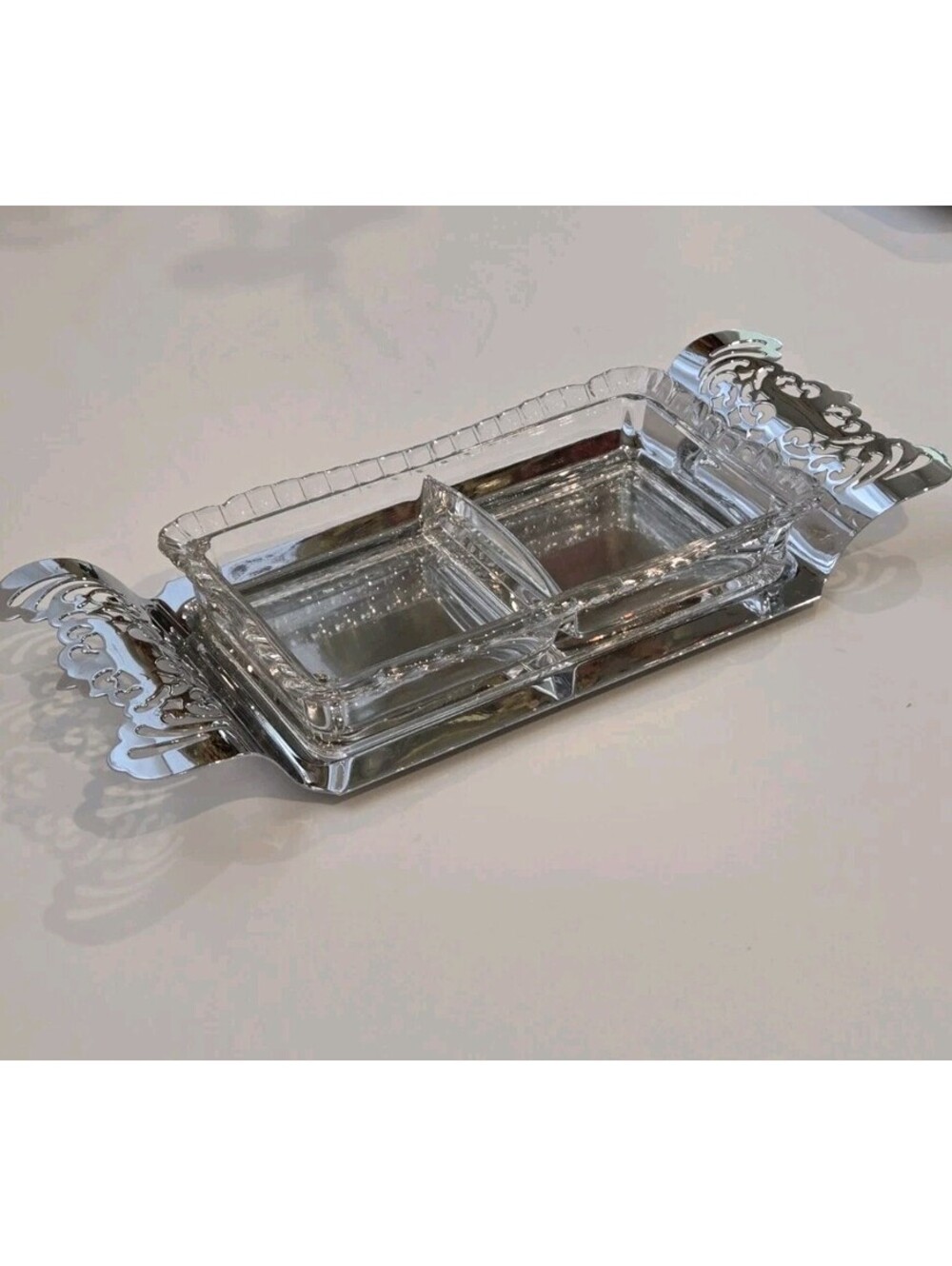 Farber Brothers Krome Kraft Divided Dish With Glass Insert Nuts Candy Trinkets
